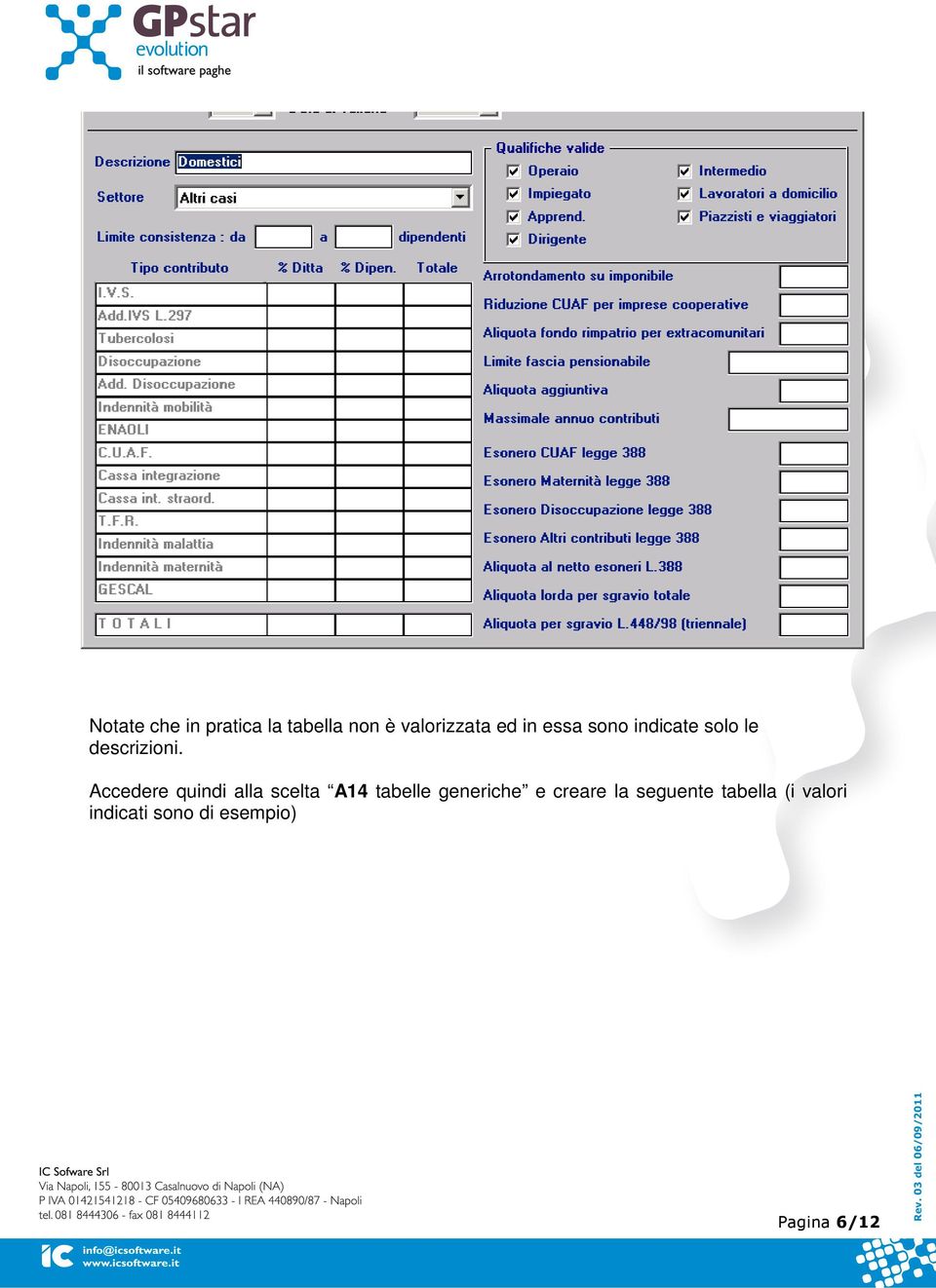 Accedere quindi alla scelta A14 tabelle generiche e