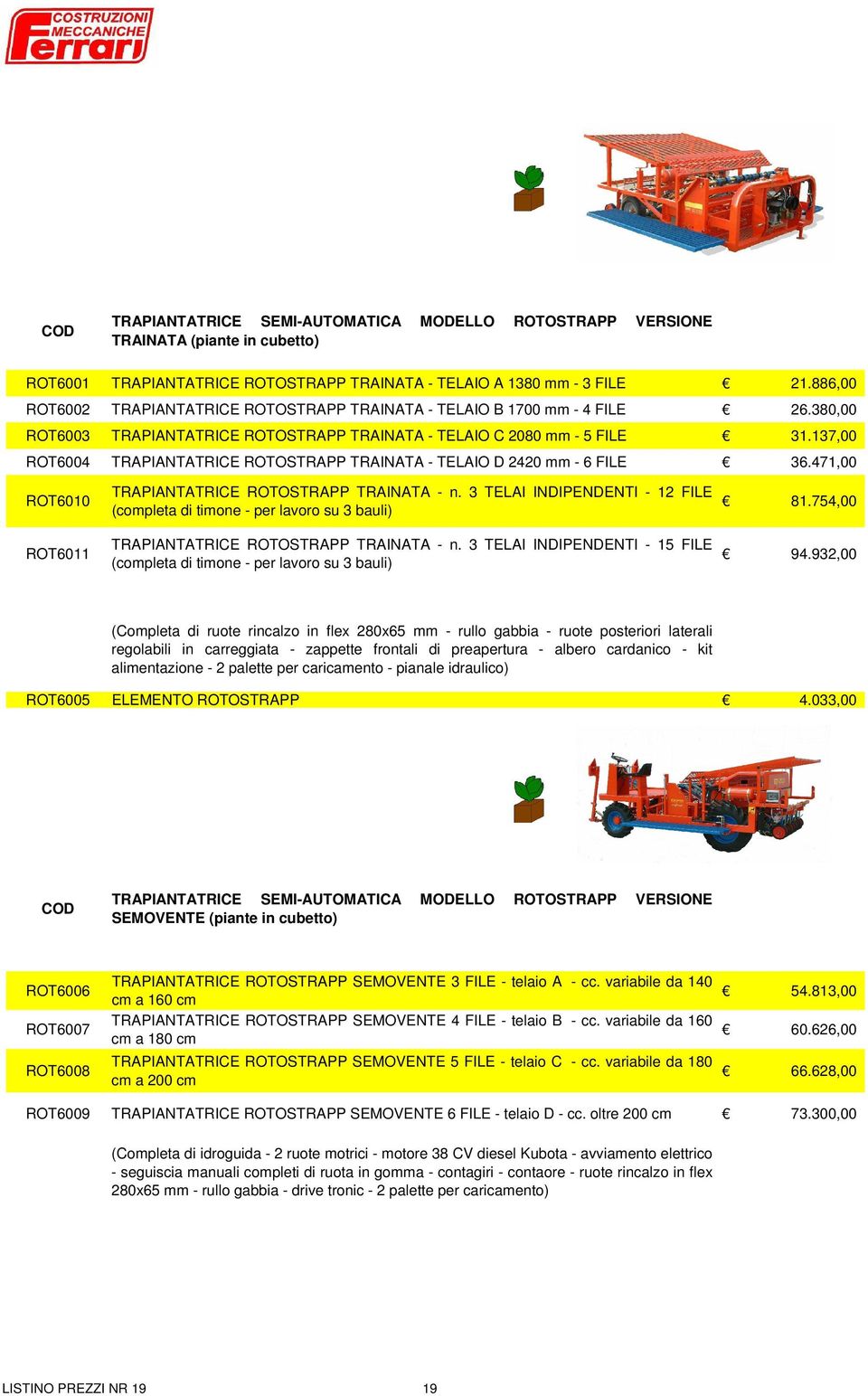 137,00 ROT6004 TRAPIANTATRICE ROTOSTRAPP TRAINATA - TELAIO D 2420 mm - 6 FILE 36.471,00 ROT6010 TRAPIANTATRICE ROTOSTRAPP TRAINATA - n.