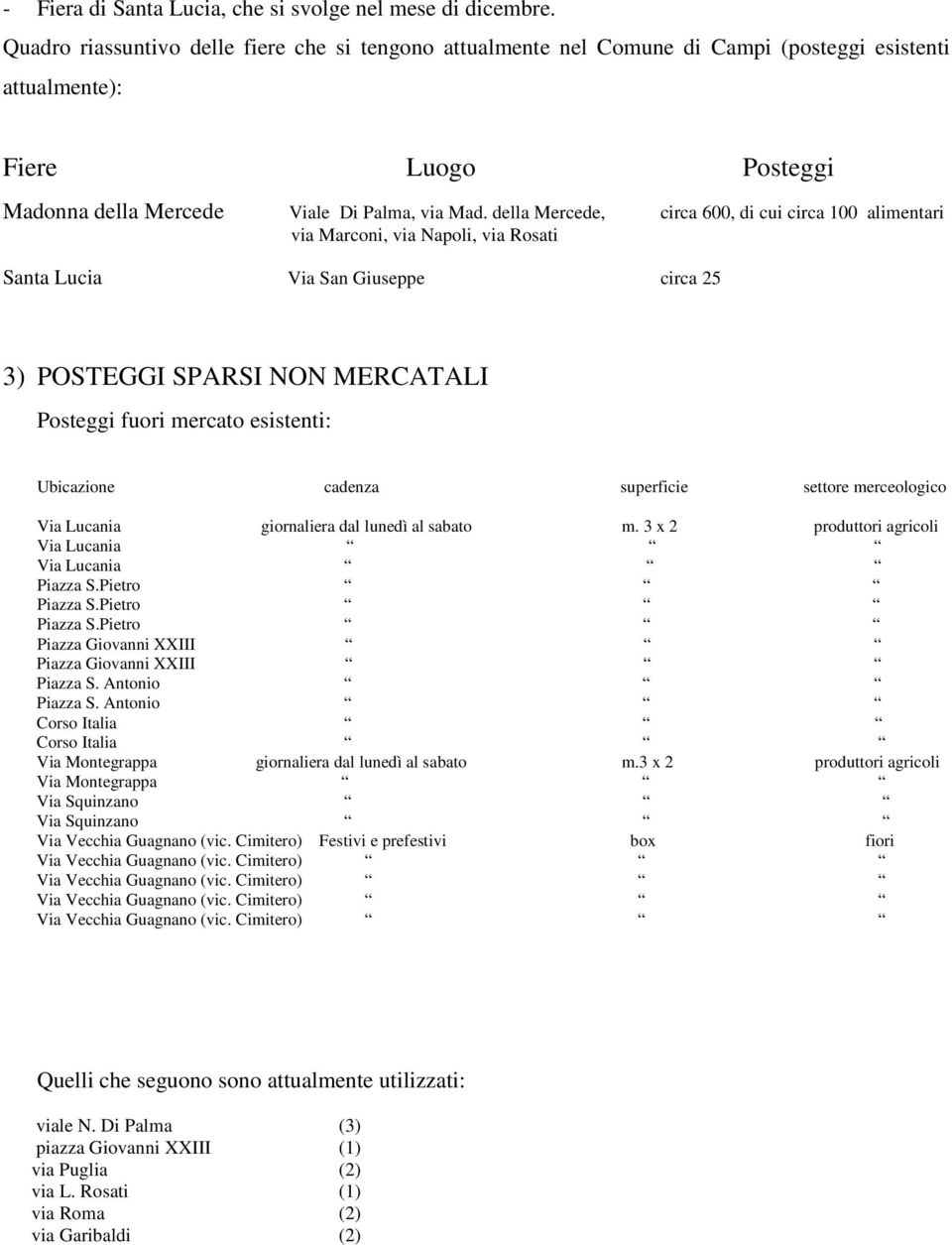 della Mercede, 600, di cui 100 via Marconi, via Napoli, via Rosati Santa Lucia Via San Giuseppe 25 3) POSTEGGI SPARSI NON MERCATALI Posteggi fuori mercato esistenti: Ubicazione cadenza superficie