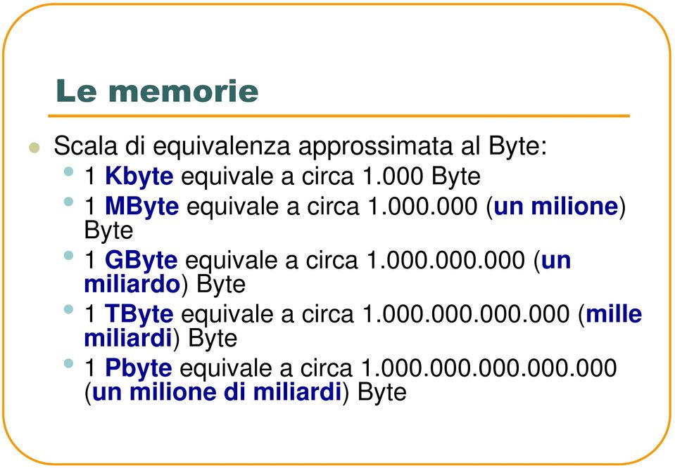 000.000.000 (un miliardo) Byte 1 TByte equivale a circa 1.000.000.000.000 (mille miliardi) Byte 1 Pbyte equivale a circa 1.
