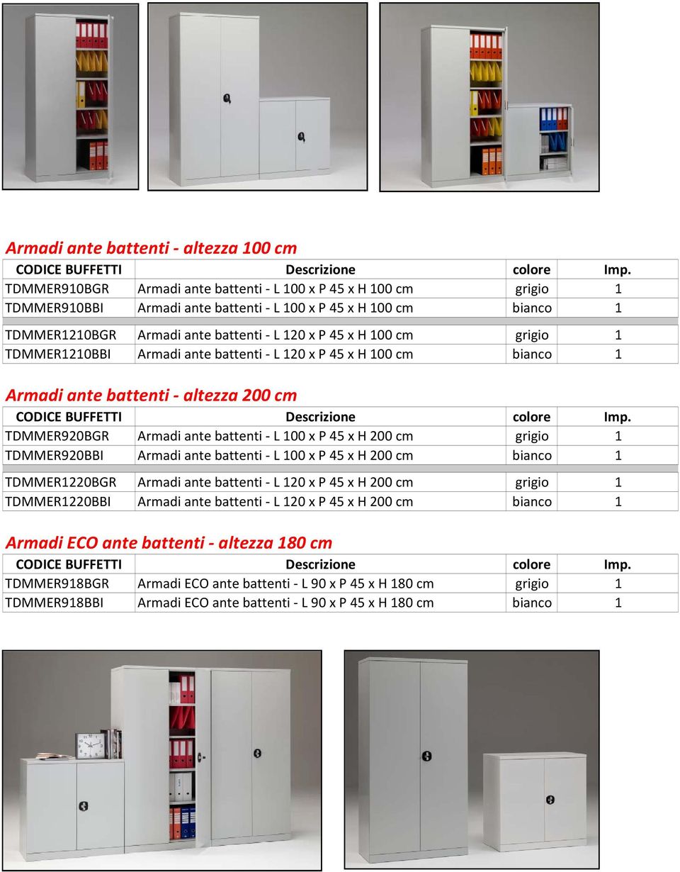 200 cm grigio 1 TDMMER920BBI Armadi ante battenti L 100 x P 45 x H 200 cm bianco 1 TDMMER1220BGR Armadi ante battenti L 120 x P 45 x H 200 cm grigio 1 TDMMER1220BBI Armadi ante battenti L 120 x P