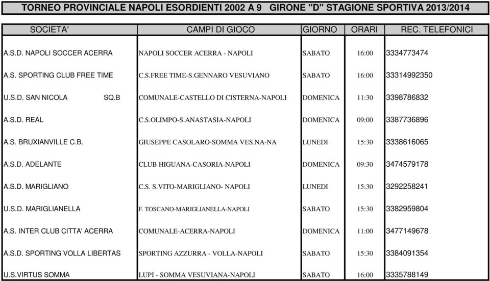 S. BRUXIANVILLE C.B. GIUSEPPE CASOLARO-SOMMA VES.NA-NA LUNEDI 15:30 3338616065 A.S.D. ADELANTE CLUB HIGUANA-CASORIA-NAPOLI DOMENICA 09:30 3474579178 A.S.D. MARIGLIANO C.S. S.