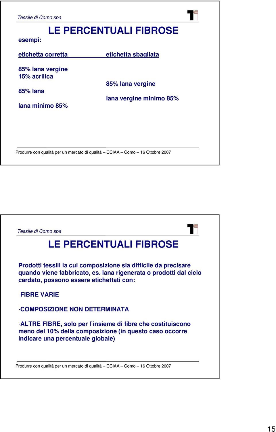 lana rigenerata o prodotti dal ciclo cardato, possono essere etichettati con: -FIBRE VARIE -COMPOSIZIONE NON DETERMINATA -ALTRE