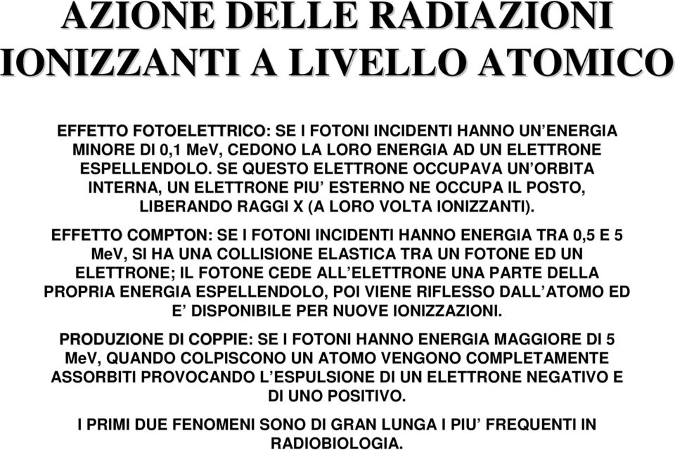 EFFETTO COMPTON: SE I FOTONI INCIDENTI HANNO ENERGIA TRA 0,5 E 5 MeV, SI HA UNA COLLISIONE ELASTICA TRA UN FOTONE ED UN ELETTRONE; IL FOTONE CEDE ALL ELETTRONE UNA PARTE DELLA PROPRIA ENERGIA