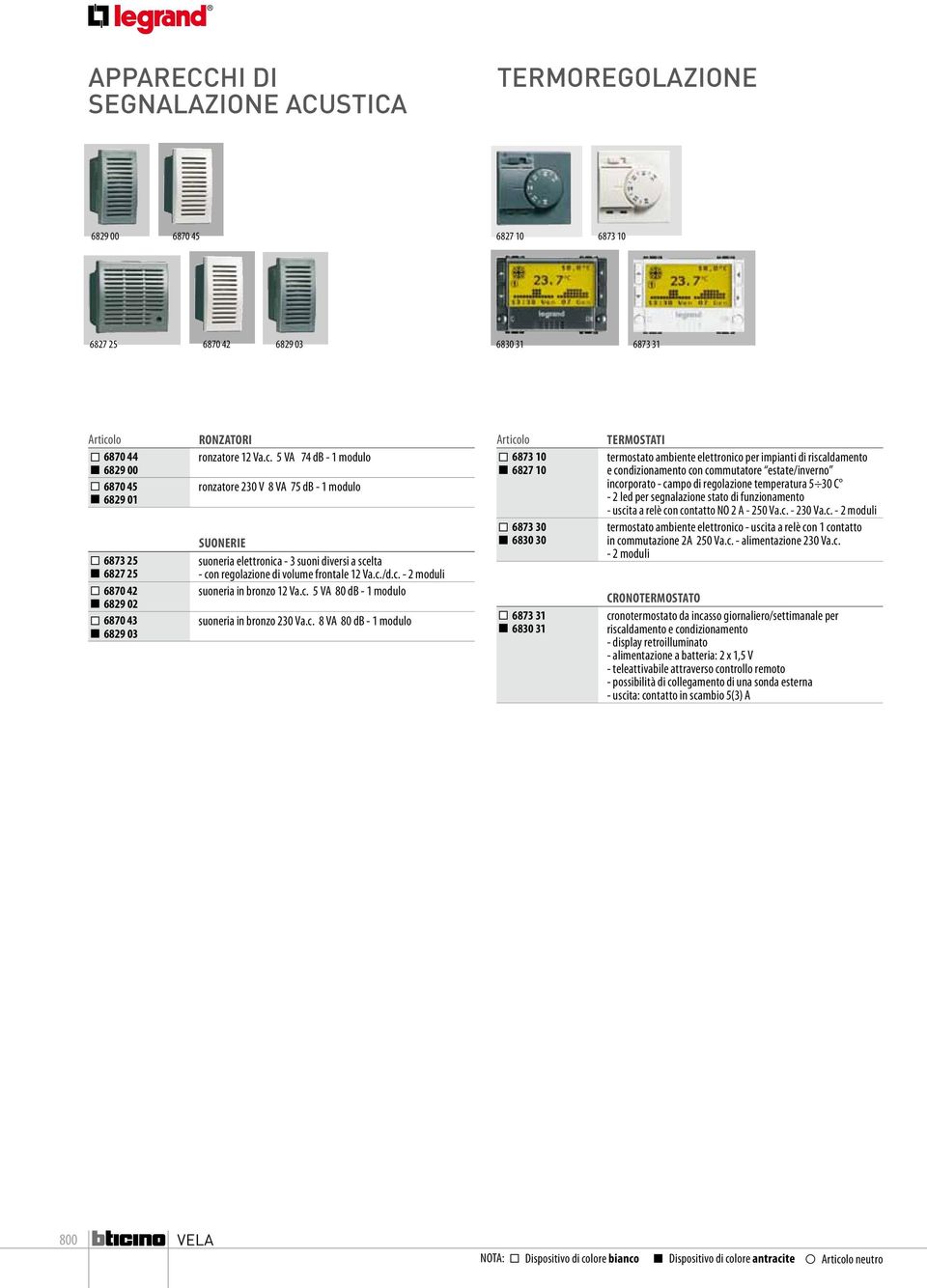 c. - 2 moduli suoneria in bronzo 12 Va.c. 5 VA 80 db - 1 modulo suoneria in bronzo 230 Va.c. 8 VA 80 db - 1 modulo 6873 10 6827 10 6873 30 6830 30 6873 31 6830 31 TERMOSTATI termostato ambiente