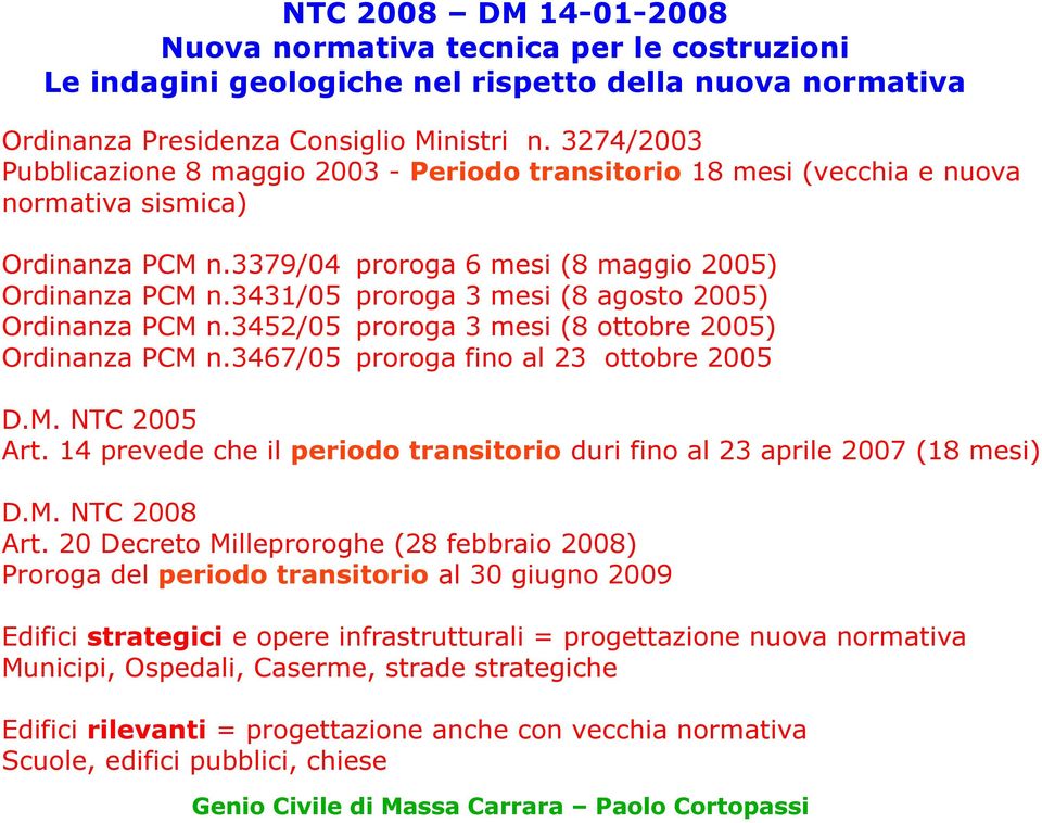 3467/05 proroga proroga proroga proroga 6 mesi (8 3 mesi (8 3 mesi (8 fino al 23 maggio 2005) agosto 2005) ottobre 2005) ottobre 2005 D.M. NTC 2005 Art.