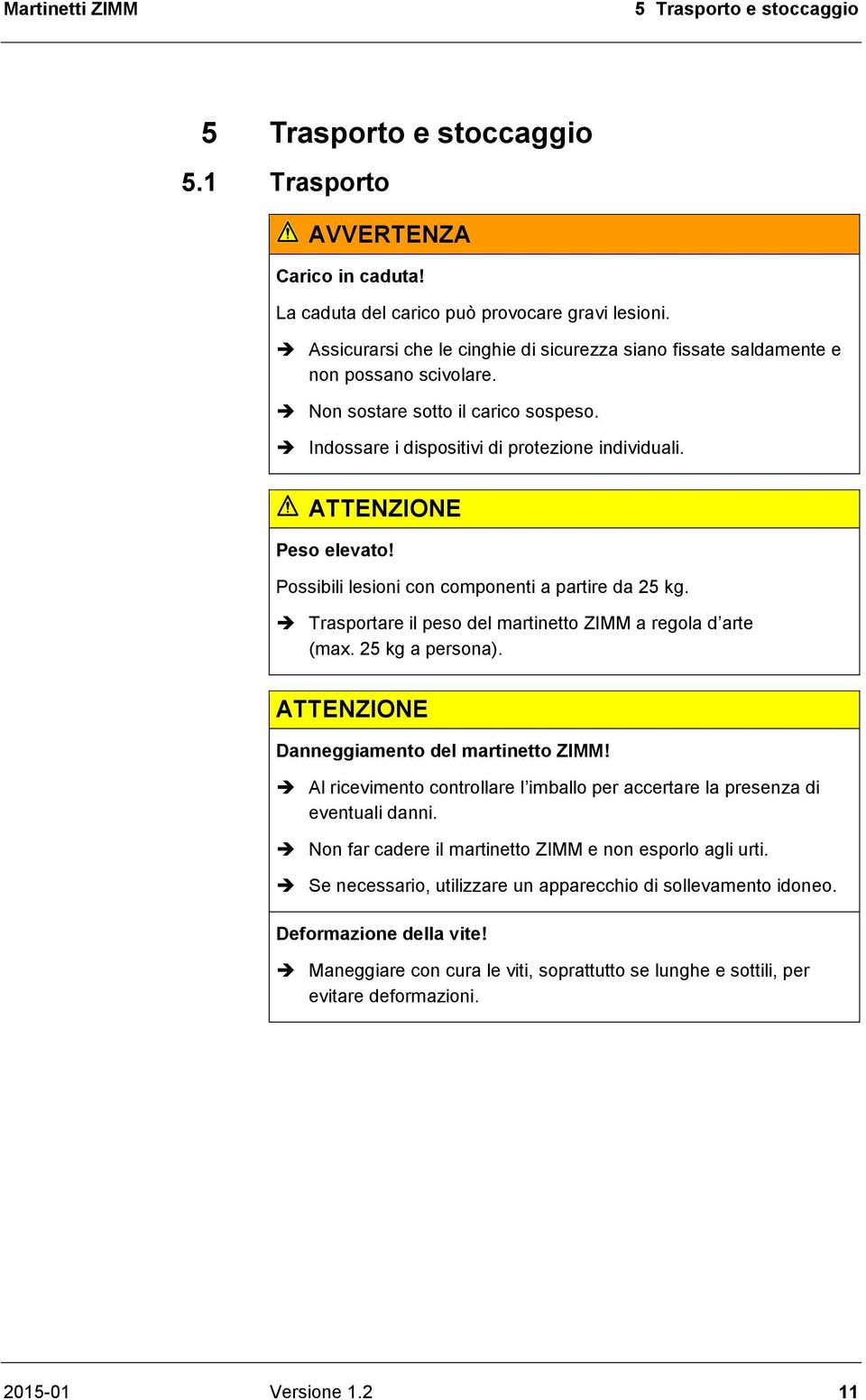 ATTENZIONE Peso elevato! Possibili lesioni con componenti a partire da 25 kg. Trasportare il peso del martinetto ZIMM a regola d arte (max. 25 kg a persona).