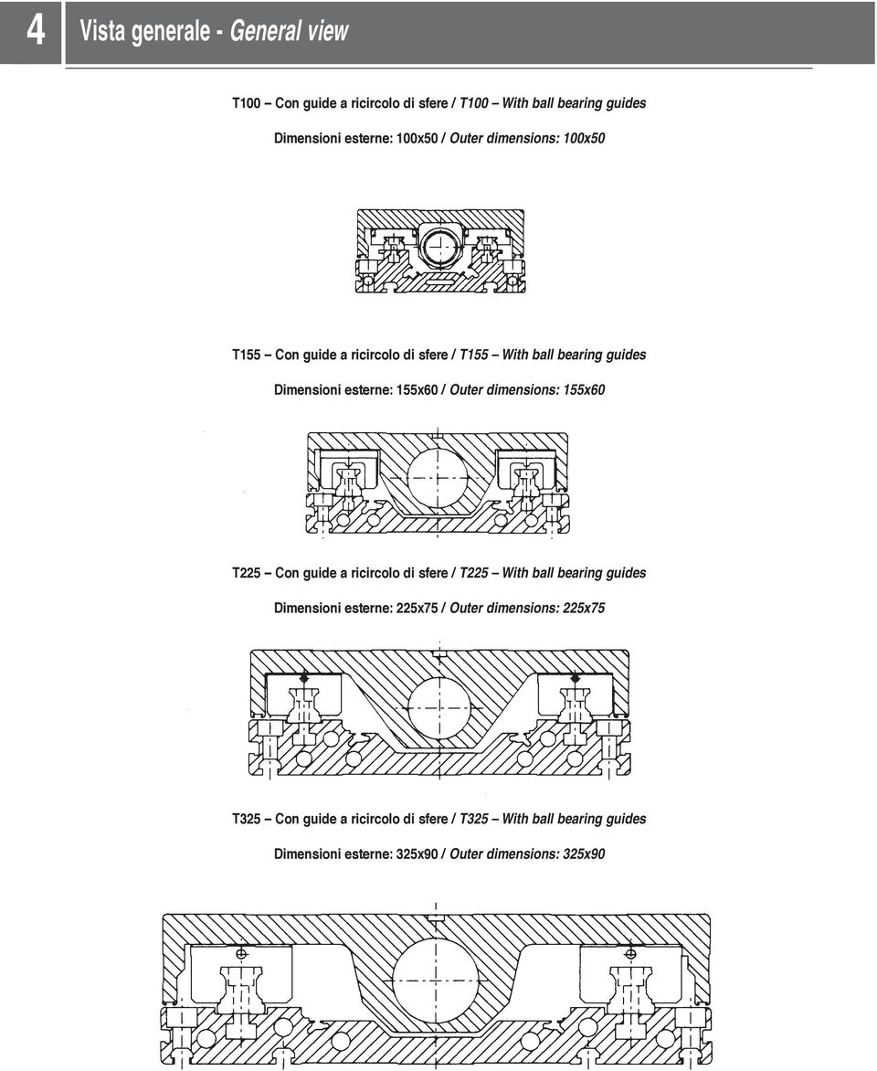 dimensions: 155x60 T225 Con guide a ricircolo di sfere / T225 With ball bearing guides Dimensioni esterne: 225x75 / Outer