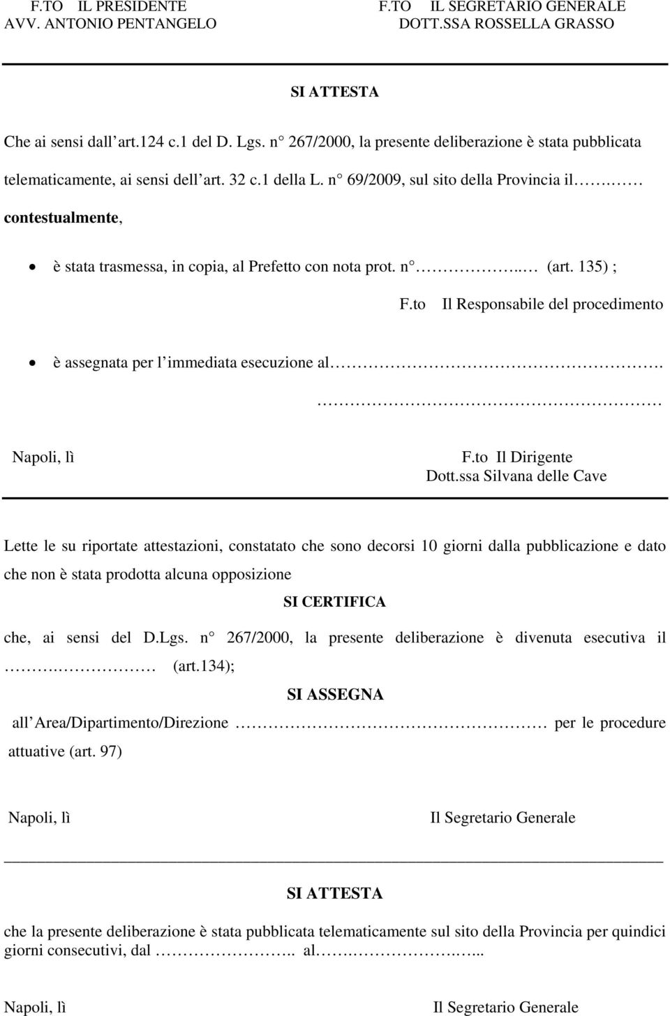 contestualmente, è stata trasmessa, in copia, al Prefetto con nota prot. n.. (art. 135) ; F.to Il Responsabile del procedimento è assegnata per l immediata esecuzione al. F.to Il Dirigente Dott.