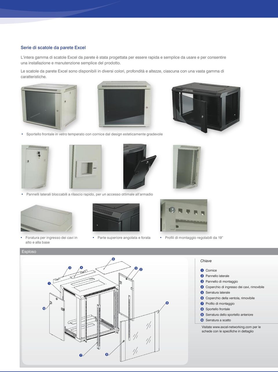 Sportello frontale in vetro temperato con cornice dal design esteticamente gradevole Pannelli laterali bloccabili a rilascio rapido, per un accesso ottimale all armadio Foratura per ingresso dei cavi