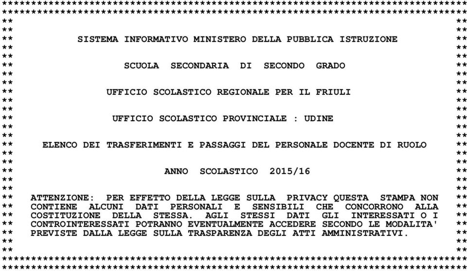 : UDINE ** ** ** ** ** ** ELENCO DEI TRASFERIMENTI E PASSAGGI DEL PERSONALE DOCENTE DI RUOLO ** ** ** ** ** ** ANNO SCOLASTICO 2015/16 ** ** ** ** ** ** ATTENZIONE: PER EFFETTO DELLA LEGGE SULLA