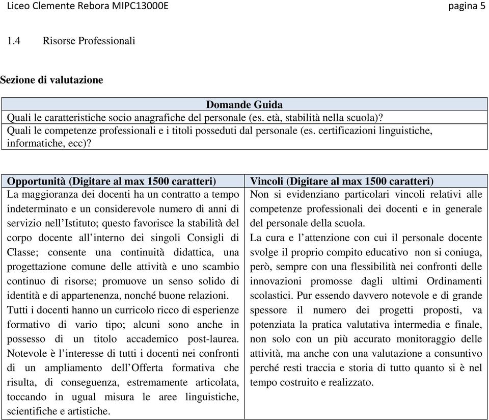 Opportunità (Digitare al max 1500 caratteri) La maggioranza dei docenti ha un contratto a tempo indeterminato e un considerevole numero di anni di servizio nell Istituto; questo favorisce la