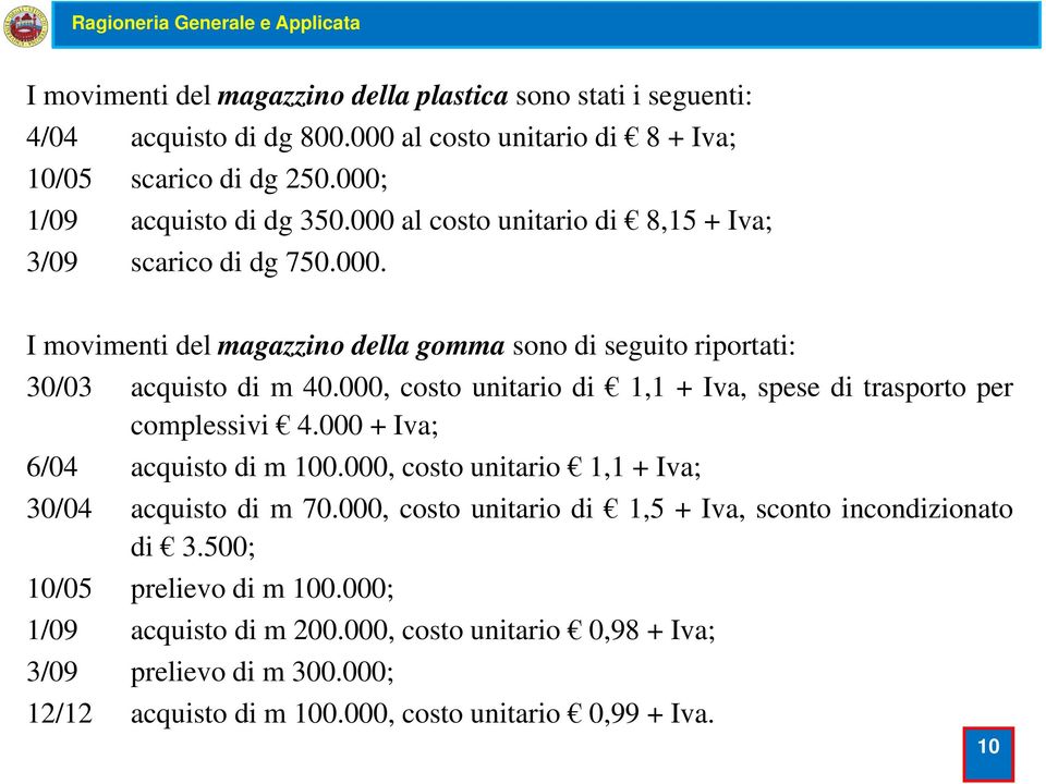 000, 000 costo unitario di 1,11 + Iva, spese di trasporto per complessivi 4.000 + Iva; 6/04 acquisto di m 100.000, costo unitario 1,1 + Iva; 30/04 acquisto di m 70.