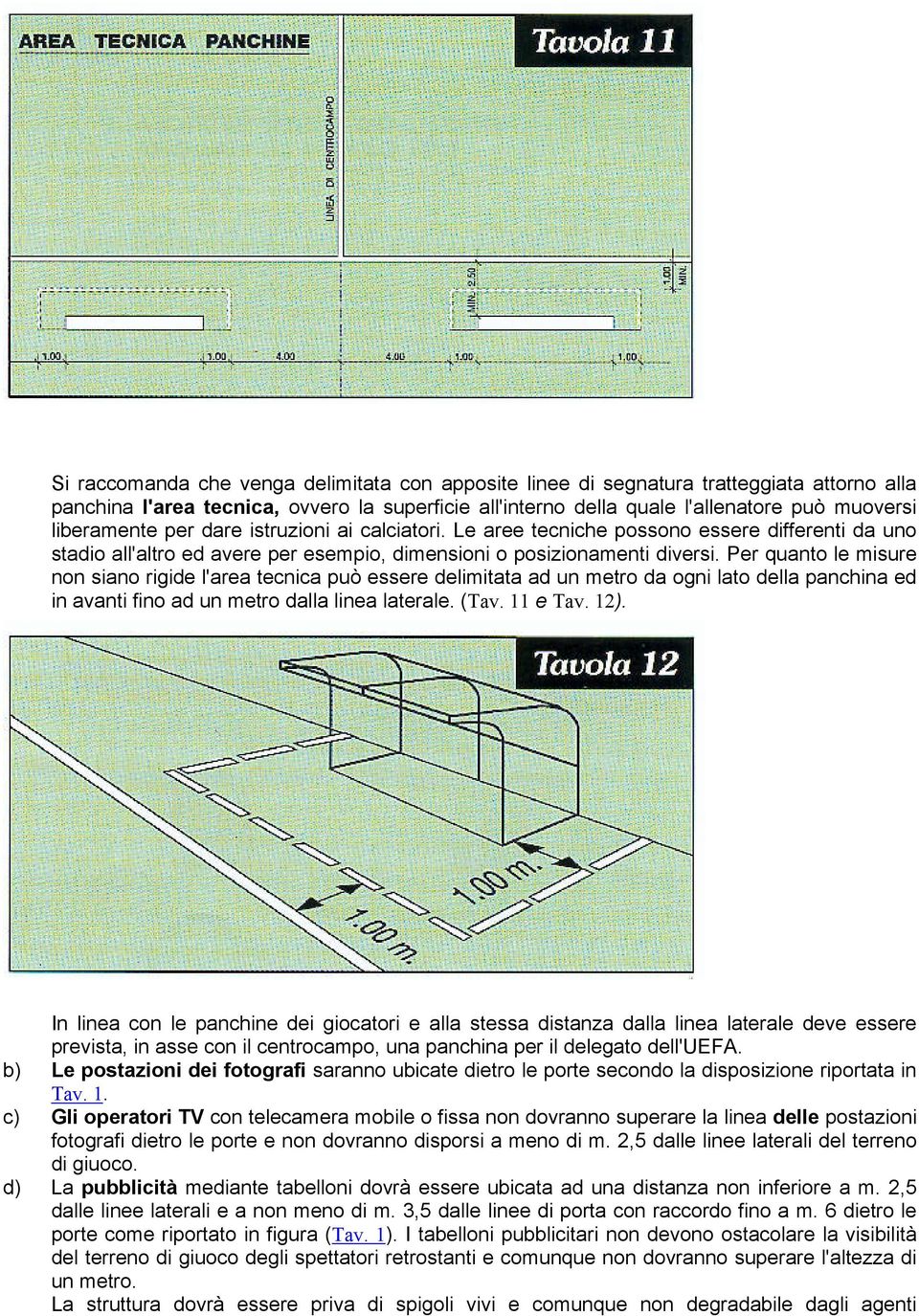 Per quanto le misure non siano rigide l'area tecnica può essere delimitata ad un metro da ogni lato della panchina ed in avanti fino ad un metro dalla linea laterale. (Tav. 11 e Tav. 12).