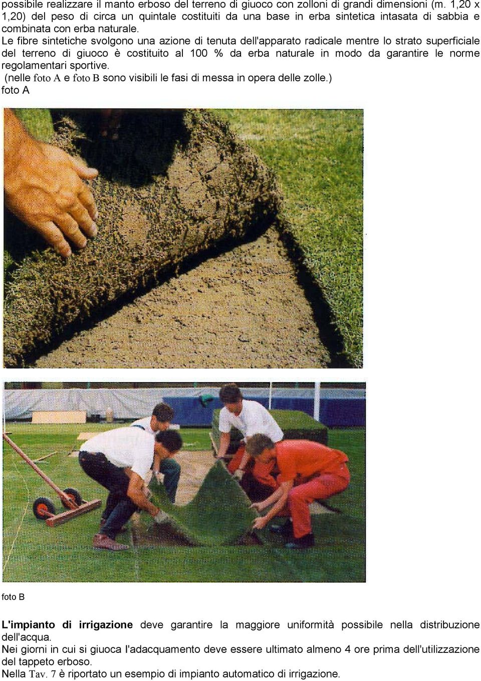 Le fibre sintetiche svolgono una azione di tenuta dell'apparato radicale mentre lo strato superficiale del terreno di giuoco è costituito al 100 % da erba naturale in modo da garantire le norme