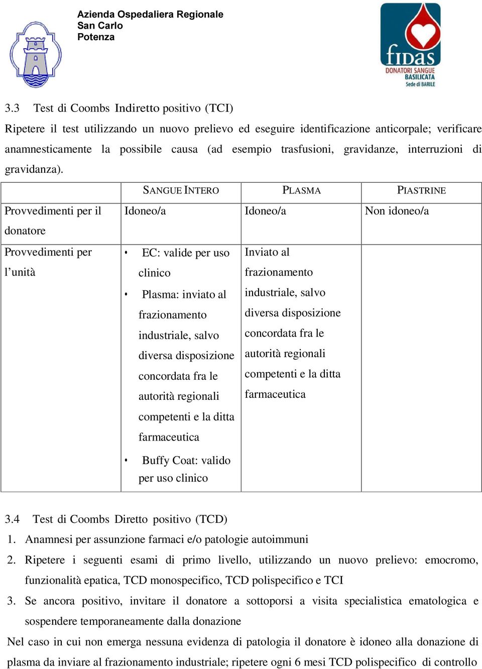 SANGUE INTERO PLASMA PIASTRINE Provvedimenti per il donatore Idoneo/a Idoneo/a Non idoneo/a Provvedimenti per l unità EC: valide per uso clinico Plasma: inviato al frazionamento industriale, salvo