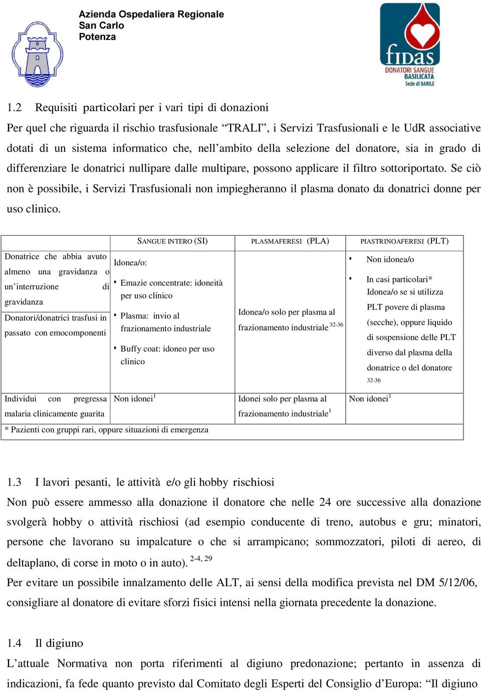 Se ciò non è possibile, i Servizi Trasfusionali non impiegheranno il plasma donato da donatrici donne per uso clinico.