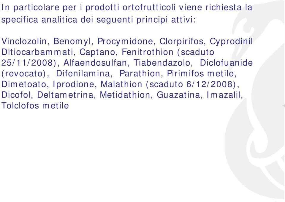 25/11/2008), Alfaendosulfan, Tiabendazolo, Diclofuanide (revocato), Difenilamina, Parathion, Pirimifos metile,