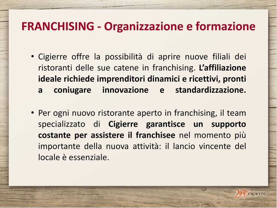 L affiliazione ideale richiede imprenditori dinamici e ricettivi, pronti a coniugare innovazione e standardizzazione.