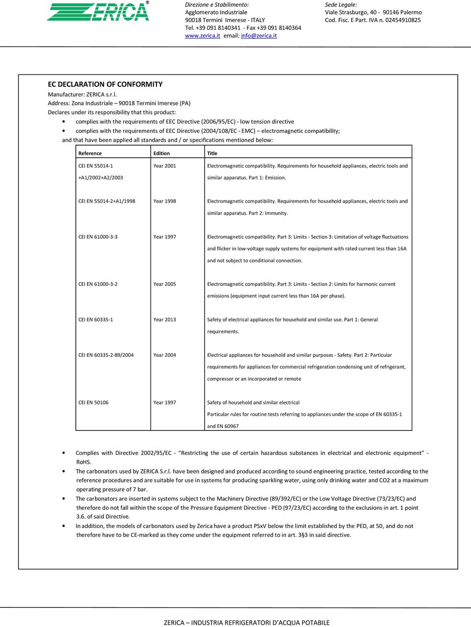 with the requirements of EEC Directive (2004/108/EC - EMC) electromagnetic compatibility; and that have been applied all standards and / or specifications mentioned below: Reference Edition Title CEI