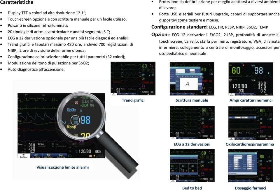 opzionale per una più facile diagnosi ed analisi; Trend grafici e tabulari massimo 480 ore, archivio 700 registrazioni di NIBP, 2 ore di revisione delle forme d onda; Configurazione colori