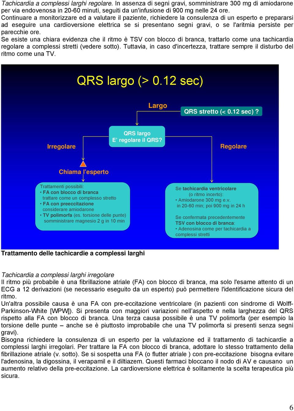 persiste per parecchie ore. Se esiste una chiara evidenza che il ritmo è TSV con blocco di branca, trattarlo come una tachicardia regolare a complessi stretti (vedere sotto).