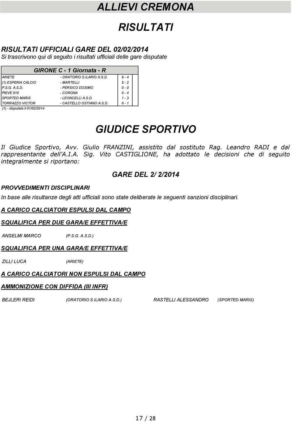 Giulio FRANZINI, assistito dal sostituto Rag. Leandro RADI e dal rappresentante dell A.I.A. Sig.