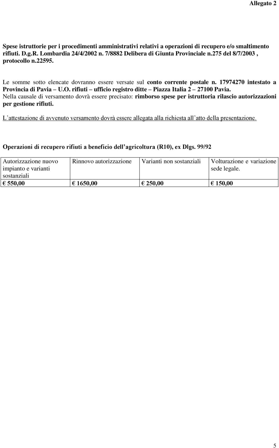 rifiuti ufficio registro ditte Piazza Italia 2 27100 Pavia. Nella causale di versamento dovrà essere precisato: rimborso spese per istruttoria rilascio autorizzazioni per gestione rifiuti.