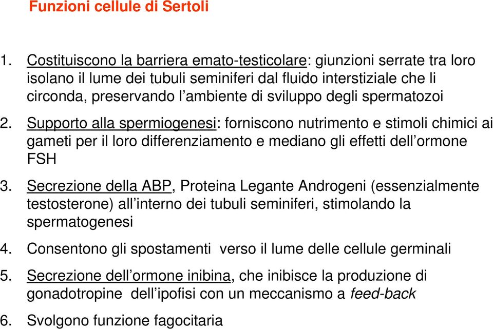 degli spermatozoi 2. Supporto alla spermiogenesi: forniscono nutrimento e stimoli chimici ai gameti per il loro differenziamento e mediano gli effetti dell ormone FSH 3.