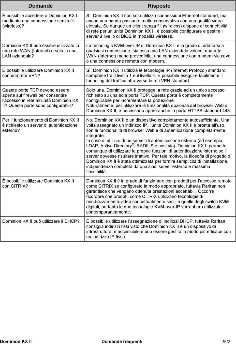 Per il funzionamento di Dominion KX II è richiesto un server di autenticazione esterno? È possibile utilizzare Dominion KX II con CITRIX? Dominion KX II può utilizzare il DHCP? Sì.