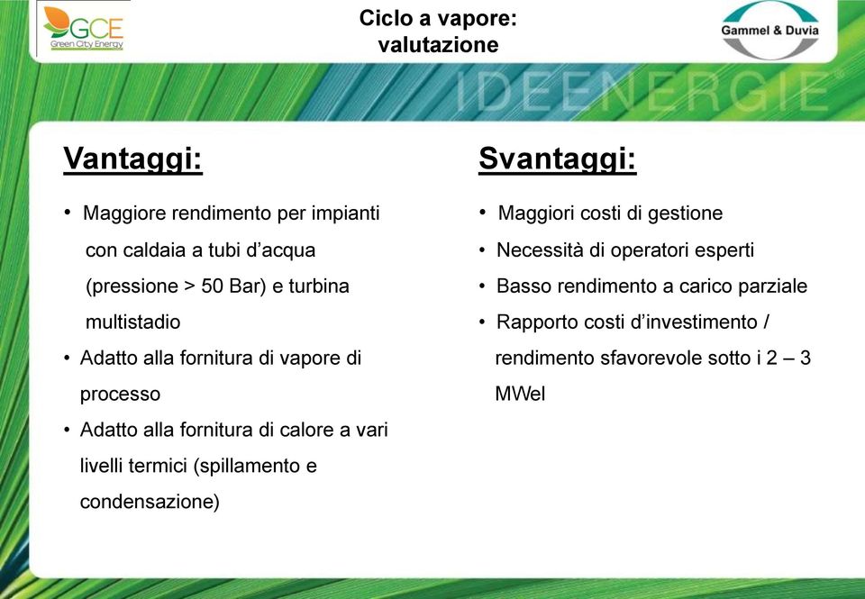 calore a vari livelli termici (spillamento e condensazione) Maggiori costi di gestione Necessità di operatori