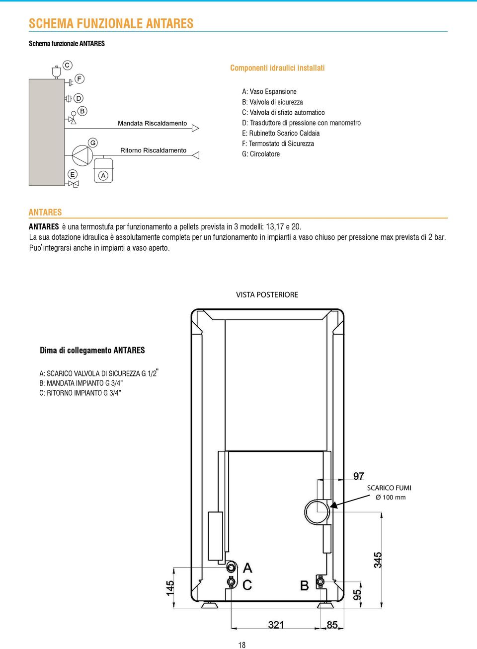 pellets prevista in 3 modelli: 13,17 e 20. La sua dotazione idraulica è assolutamente completa per un funzionamento in impianti a vaso chiuso per pressione max prevista di 2 bar.