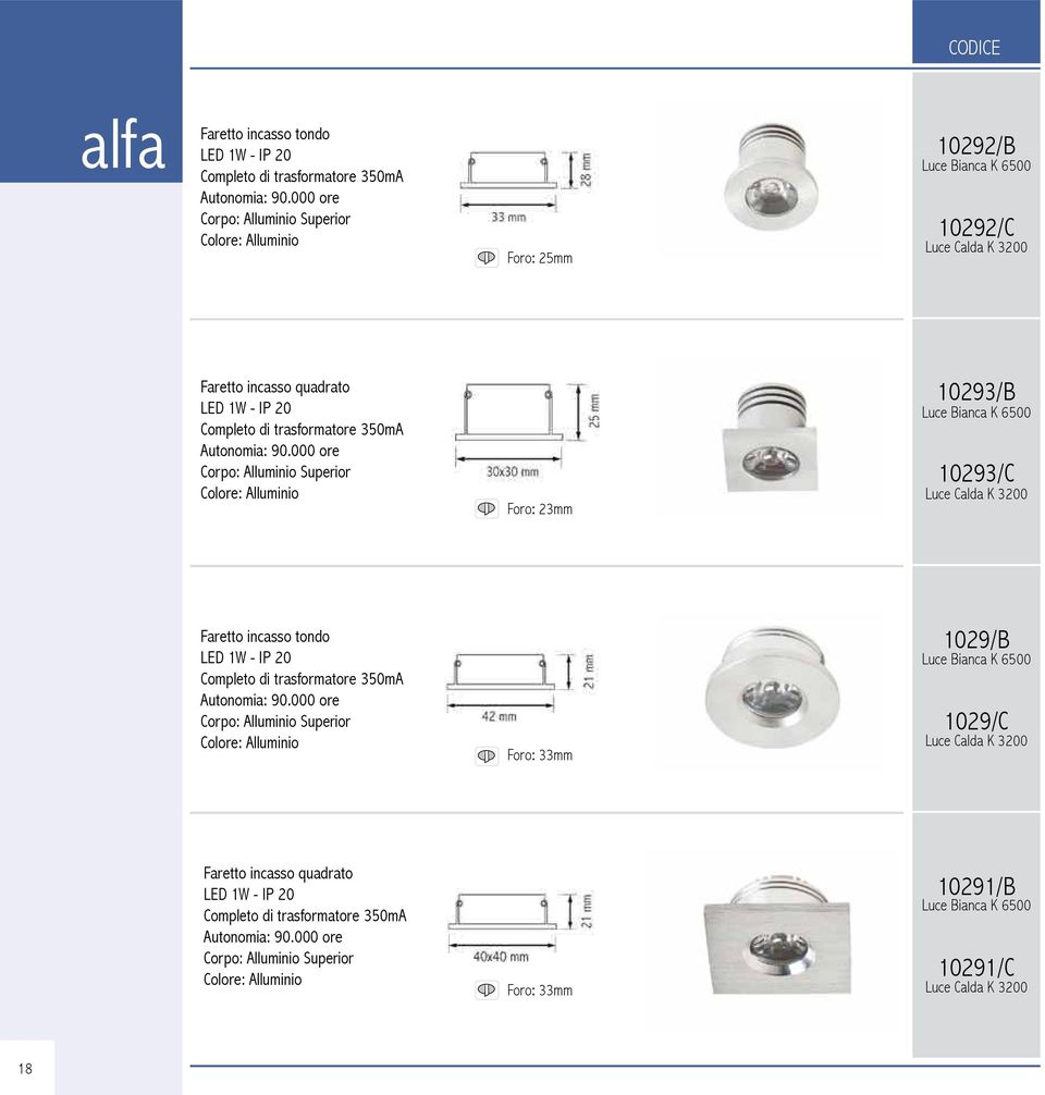 10293/C Faretto incasso tondo LED 1W - IP 20 Completo di trasformatore 350mA Superior Colore: Alluminio Foro: 33mm 1029/B