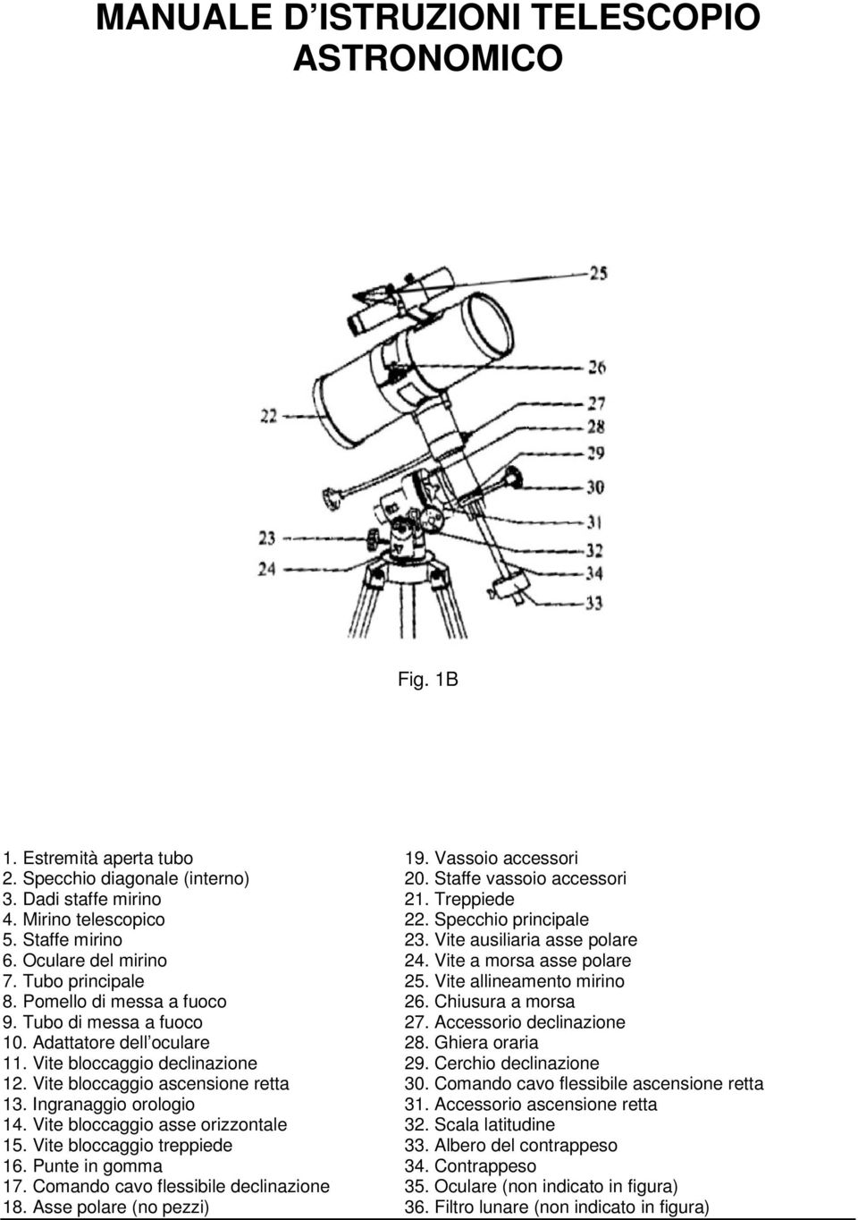 Pomello di messa a fuoco 26. Chiusura a morsa 9. Tubo di messa a fuoco 27. Accessorio declinazione 10. Adattatore dell oculare 28. Ghiera oraria 11. Vite bloccaggio declinazione 29.