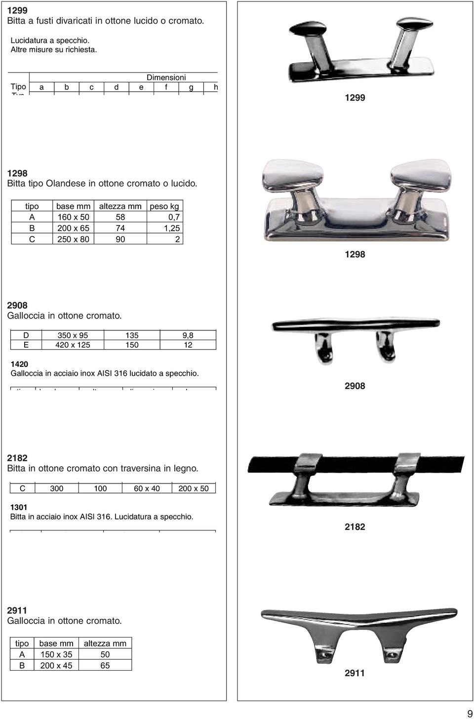 tipo base mm altezza mm peso kg A 160 x 50 58 0,7 B 200 x 65 74 1,25 C 250 x 80 90 2 1298 2908 Galloccia in ottone cromato.