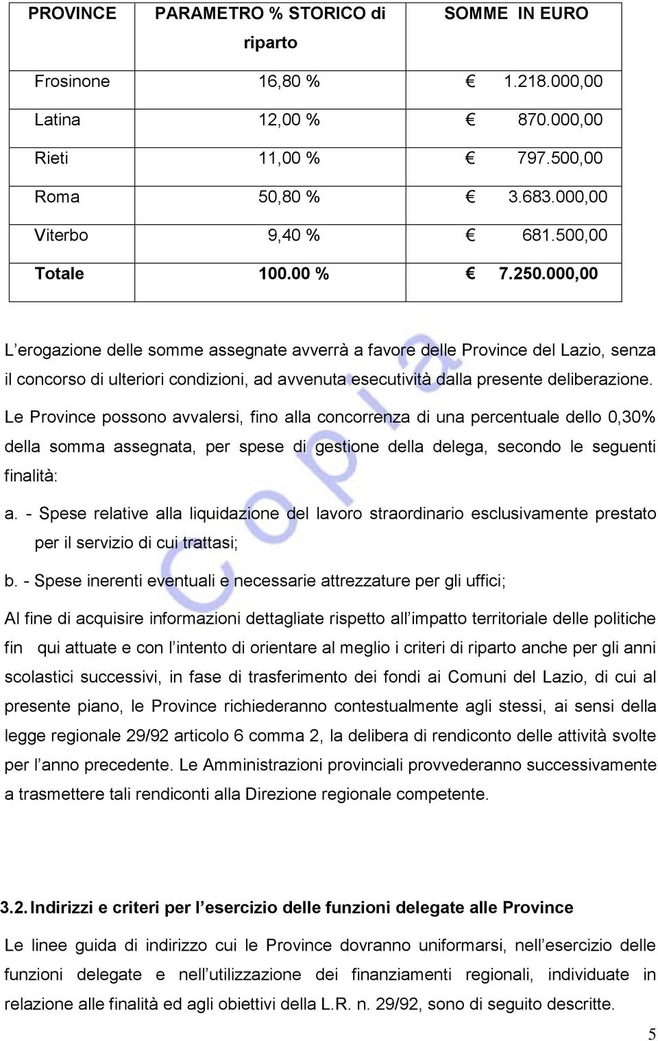 Le Province possono avvalersi, fino alla concorrenza di una percentuale dello 0,30% della somma assegnata, per spese di gestione della delega, secondo le seguenti finalità: a.