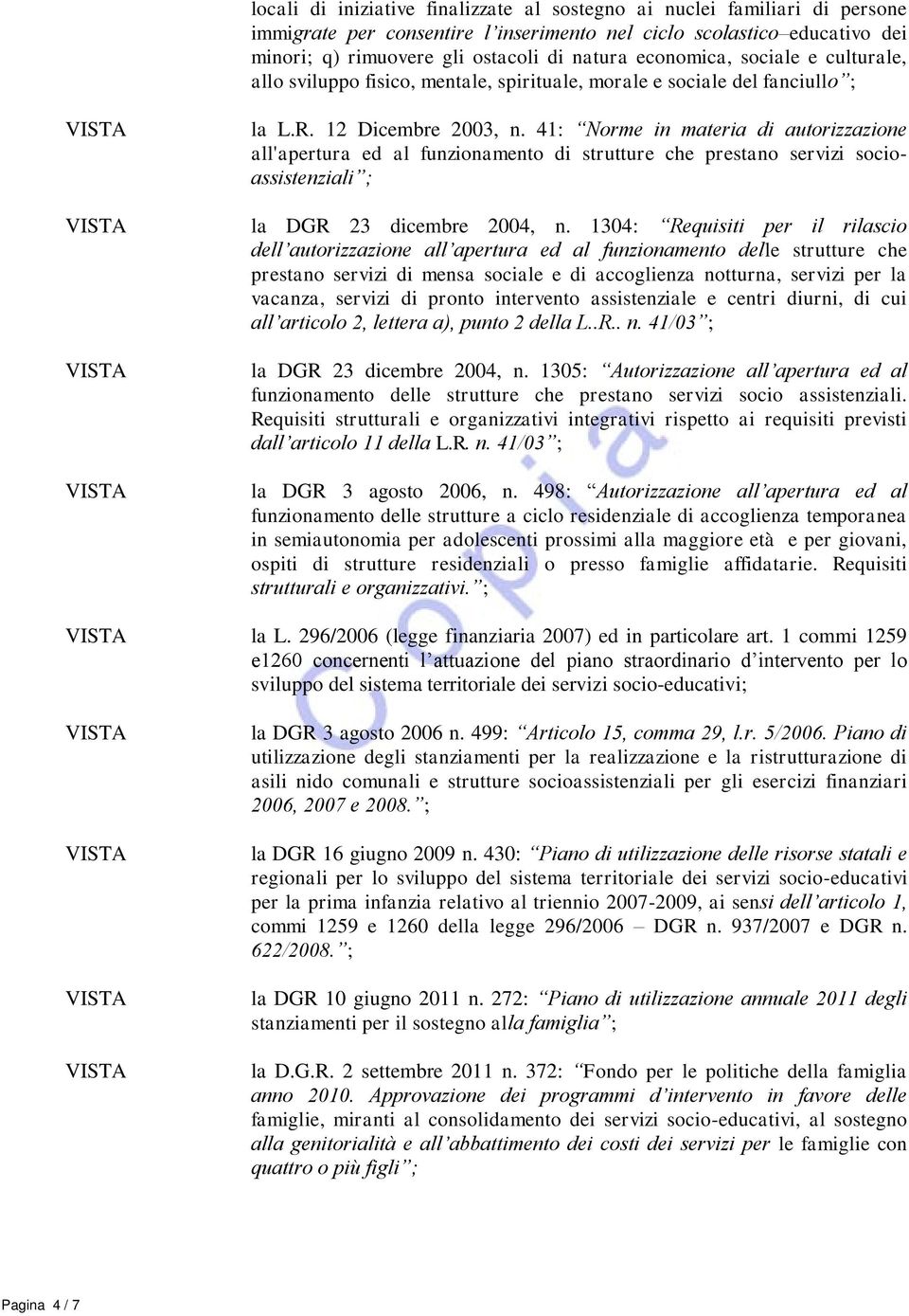 41: Norme in materia di autorizzazione all'apertura ed al funzionamento di strutture che prestano servizi socioassistenziali ; la DGR 23 dicembre 2004, n.