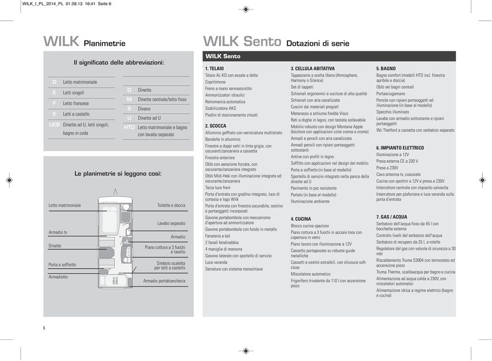 matrimoniale Armadio tv Dinette Porta a soffietto Armadietto D M S U Dinette Dinette centrale/letto fisso Divano Dinette ad U HTD Letto matrimoniale e bagno con lavabo separato Le planimetrie si