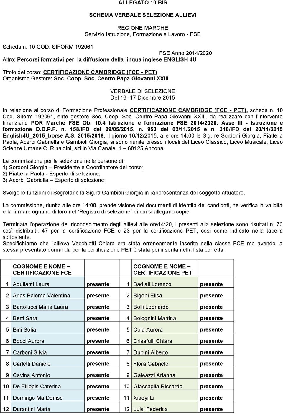 Coop. Soc. Centro Papa Giovanni XXIII VERBALE DI SELEZIONE Del 16-17 Dicembre 2015 In relazione al corso di Formazione Professionale CERTIFICAZIONE CAMBRIDGE (FCE - PET), scheda n. 10 Cod.