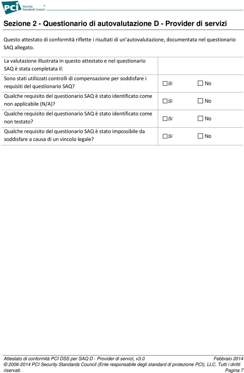 La valutazione illustrata in questo attestato e nel questionario SAQ è stata completata il: Sono stati utilizzati controlli di compensazione per soddisfare i