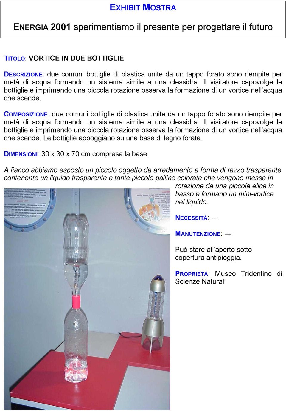 COMPOSIZIONE: due comuni bottiglie di plastica unite da un tappo forato sono riempite per metà di acqua formando un sistema simile a una clessidra.