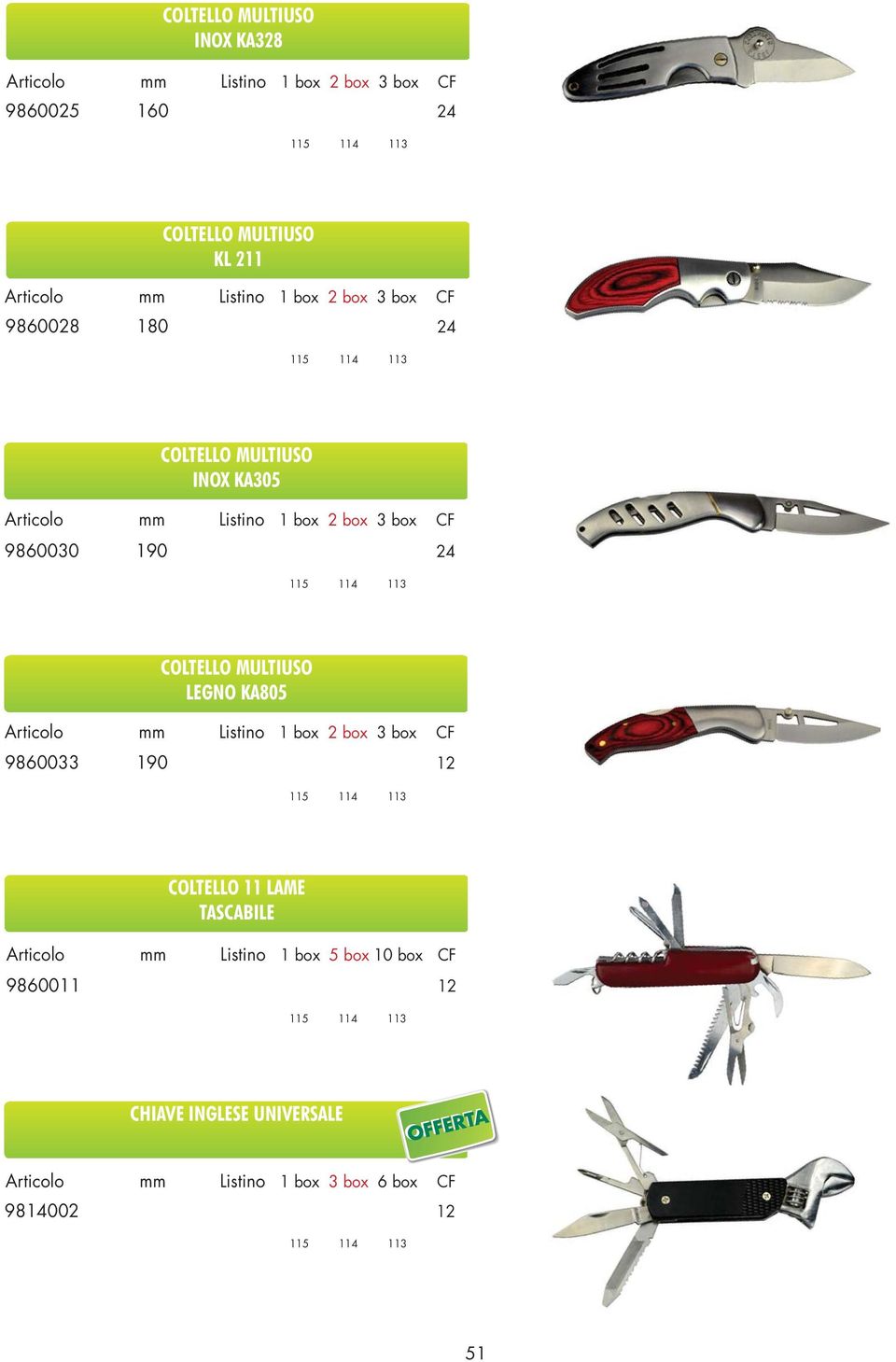 9860030 190 24 COLTELLO MULTIUSO LEGNO KA805 mm Listino 1 box 2 box 3 box CF 9860033 190 12 COLTELLO 11 LAME