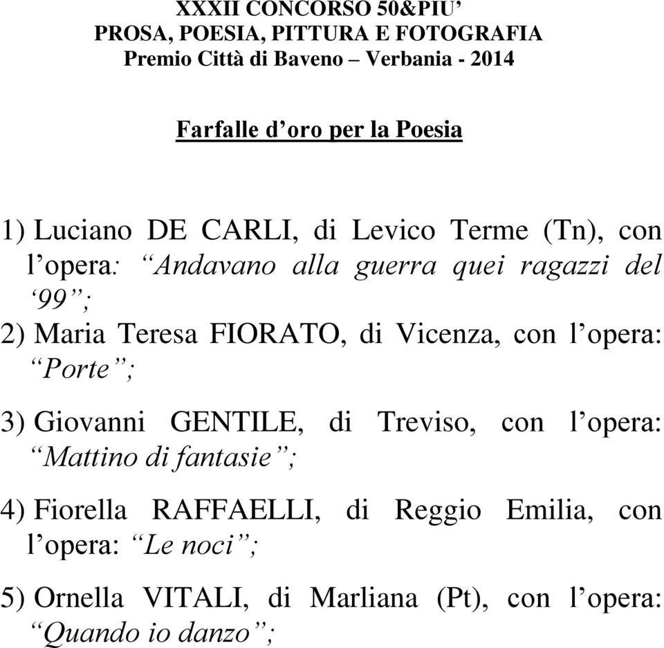 Giovanni GENTILE, di Treviso, con l opera: Mattino di fantasie ; 4) Fiorella RAFFAELLI, di