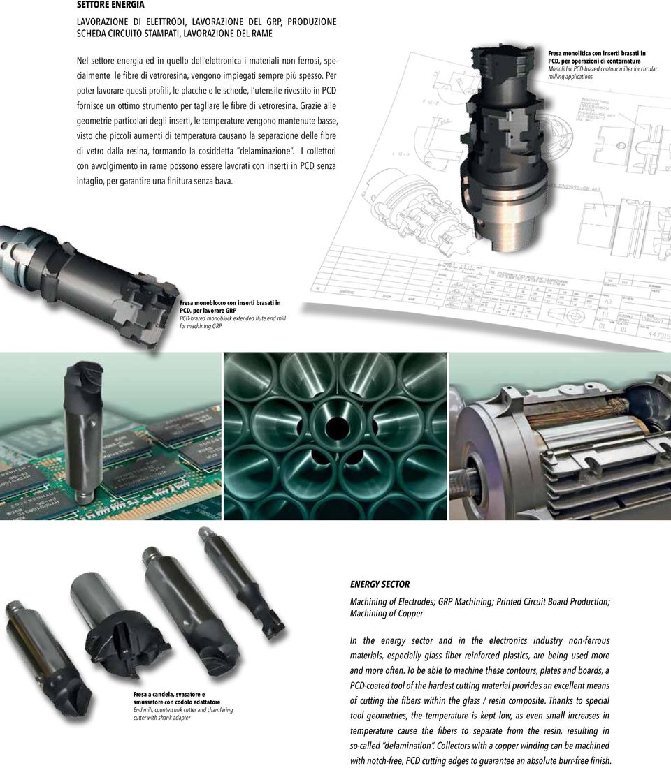 Per poter lavorare questi profili, le placche e le schede, l utensile rivestito in PCD fornisce un ottimo strumento per tagliare le fibre di vetroresina.