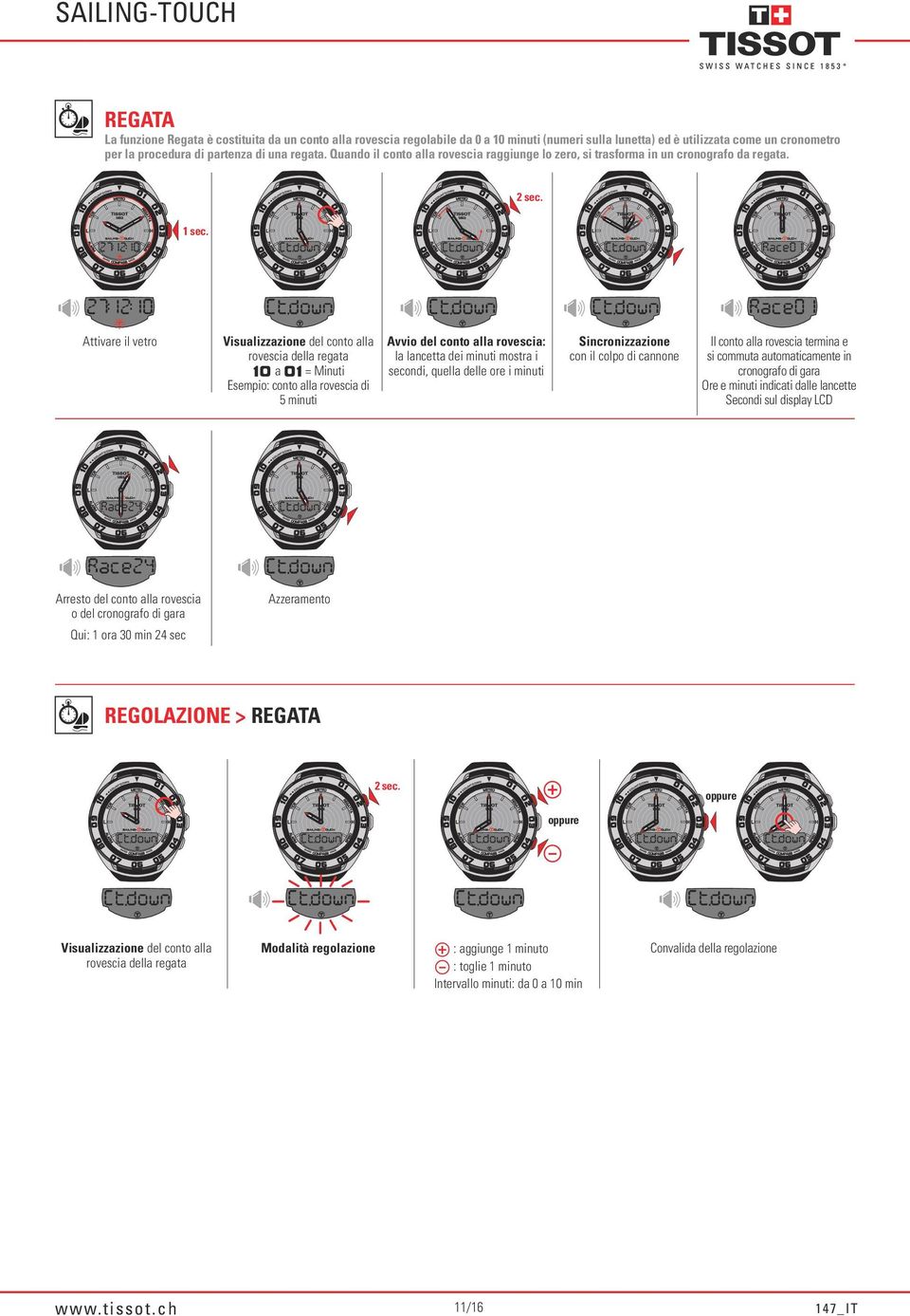 Visualizzazione del conto alla rovescia della regata a = Minuti Esempio: conto alla rovescia di 5 minuti Avvio del conto alla rovescia: la lancetta dei minuti mostra i secondi, quella delle ore i