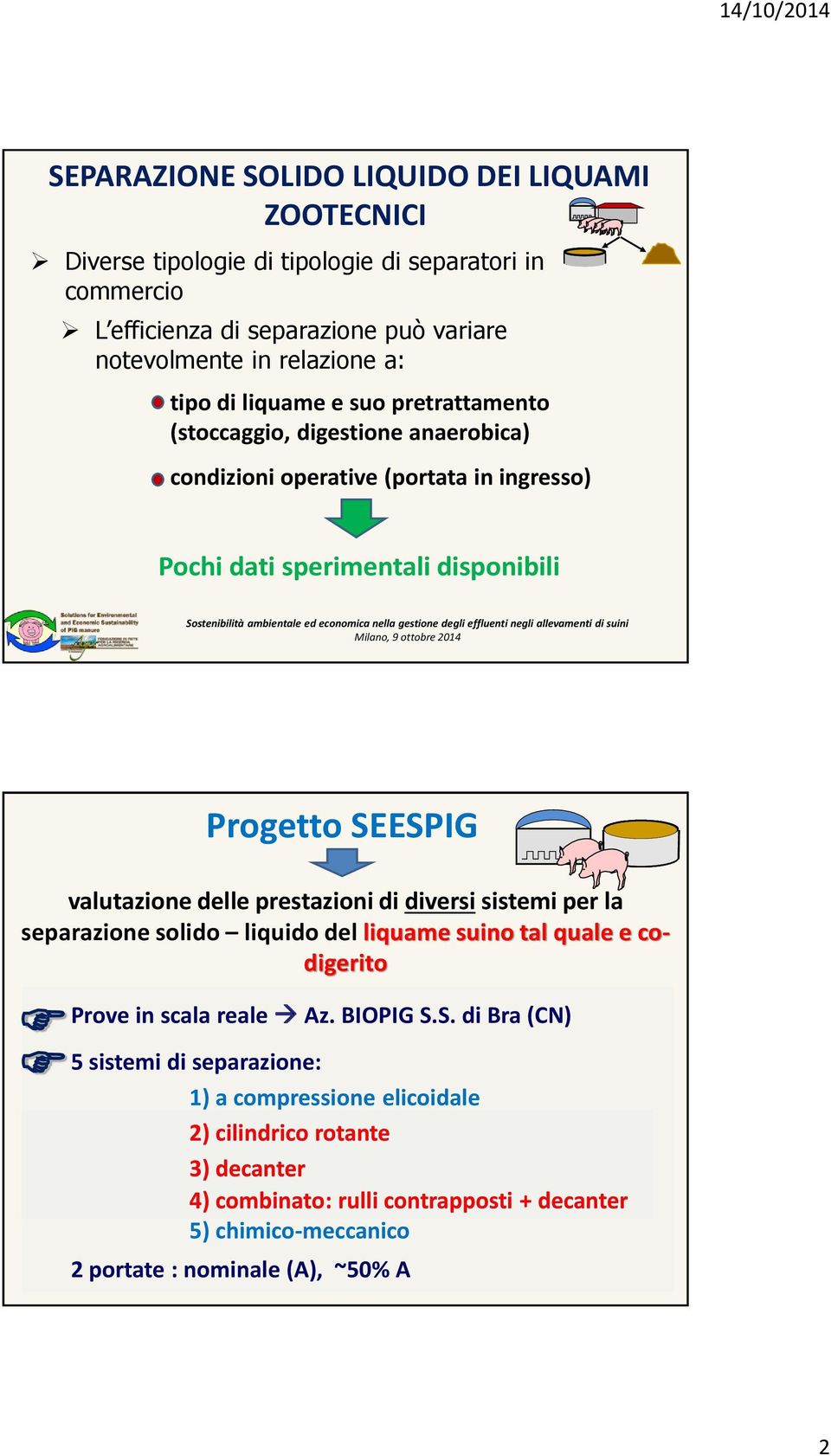 valutazione delle prestazioni di diversi sistemi per la separazione solido liquido del liquame suino tal quale e codigerito F Prove in scala reale Az. BIOPIG S.