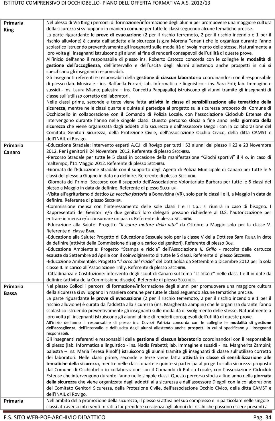 La parte riguardante le prove di evacuazione (2 per il rischio terremoto, 2 per il rischio incendio e 1 per il rischio alluvione) è curata dall addetta alla sicurezza (sig.