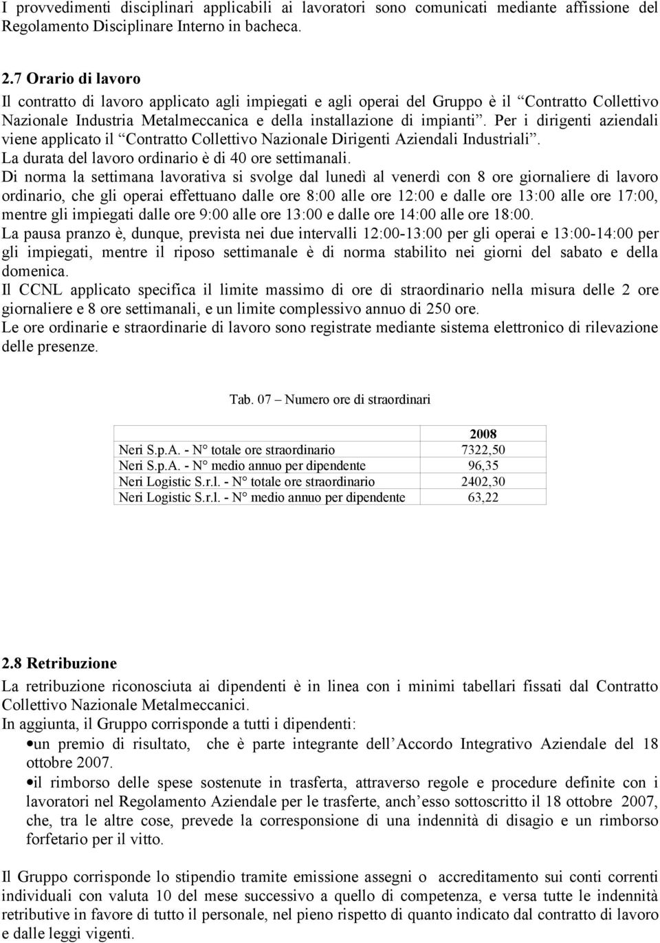 Per i dirigenti aziendali viene applicato il Contratto Collettivo Nazionale Dirigenti Aziendali Industriali. La durata del lavoro ordinario è di 40 ore settimanali.