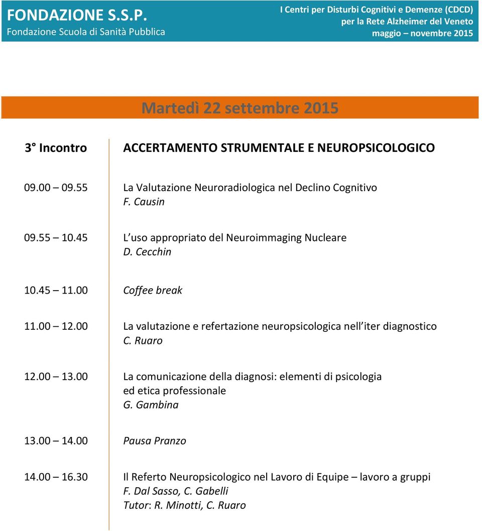 00 La valutazione e refertazione neuropsicologica nell iter diagnostico C. Ruaro 12.00 13.