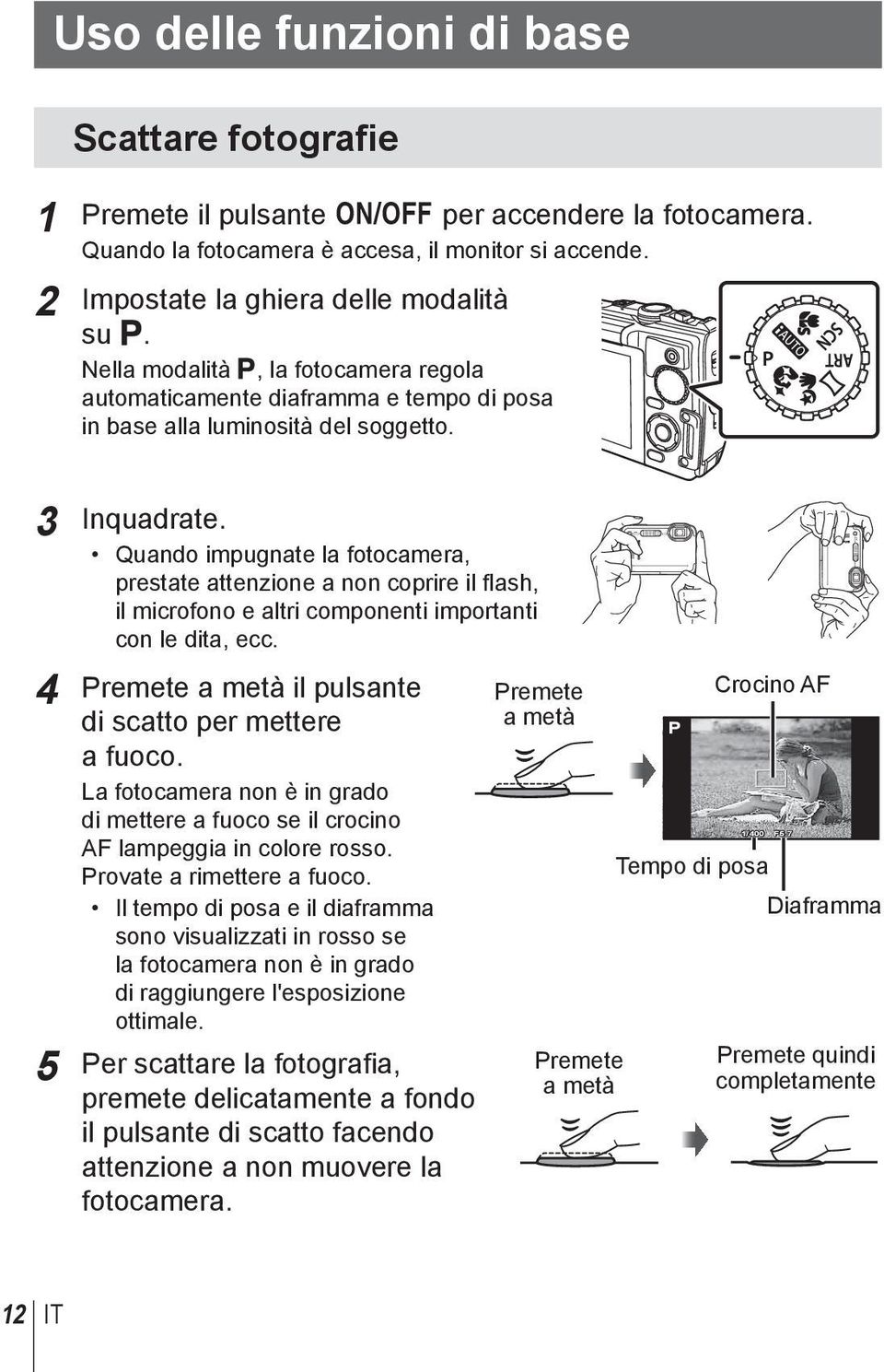 Quando impugnate la fotocamera, prestate attenzione a non coprire il flash, il microfono e altri componenti importanti con le dita, ecc. 4 Premete a metà il pulsante di scatto per mettere a fuoco.